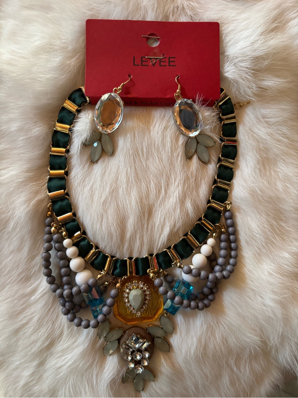 Multicolor Statement Necklace & Earring Set - Green Ribbon, Gray Beads